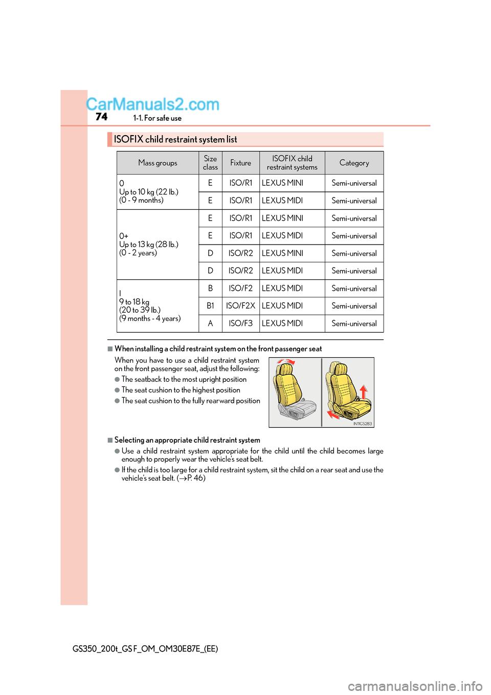 Lexus GS200t 2015 Manual PDF 741-1. For safe use
GS350_200t_GS F_OM_OM30E87E_(EE)
■When installing a child restraint system on the front passenger seat
■Selecting an appropriate child restraint system
●Use a child restraint