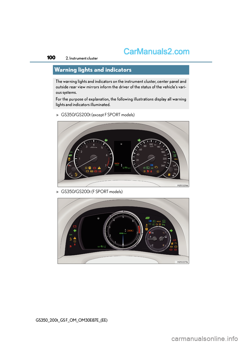 Lexus GS200t 2015 User Guide 1002. Instrument cluster
GS350_200t_GS F_OM_OM30E87E_(EE)
Warning lights and indicators
�XGS350/GS200t (except F SPORT models)
�XGS350/GS200t (F SPORT models)
The warning lights and indicators on the 