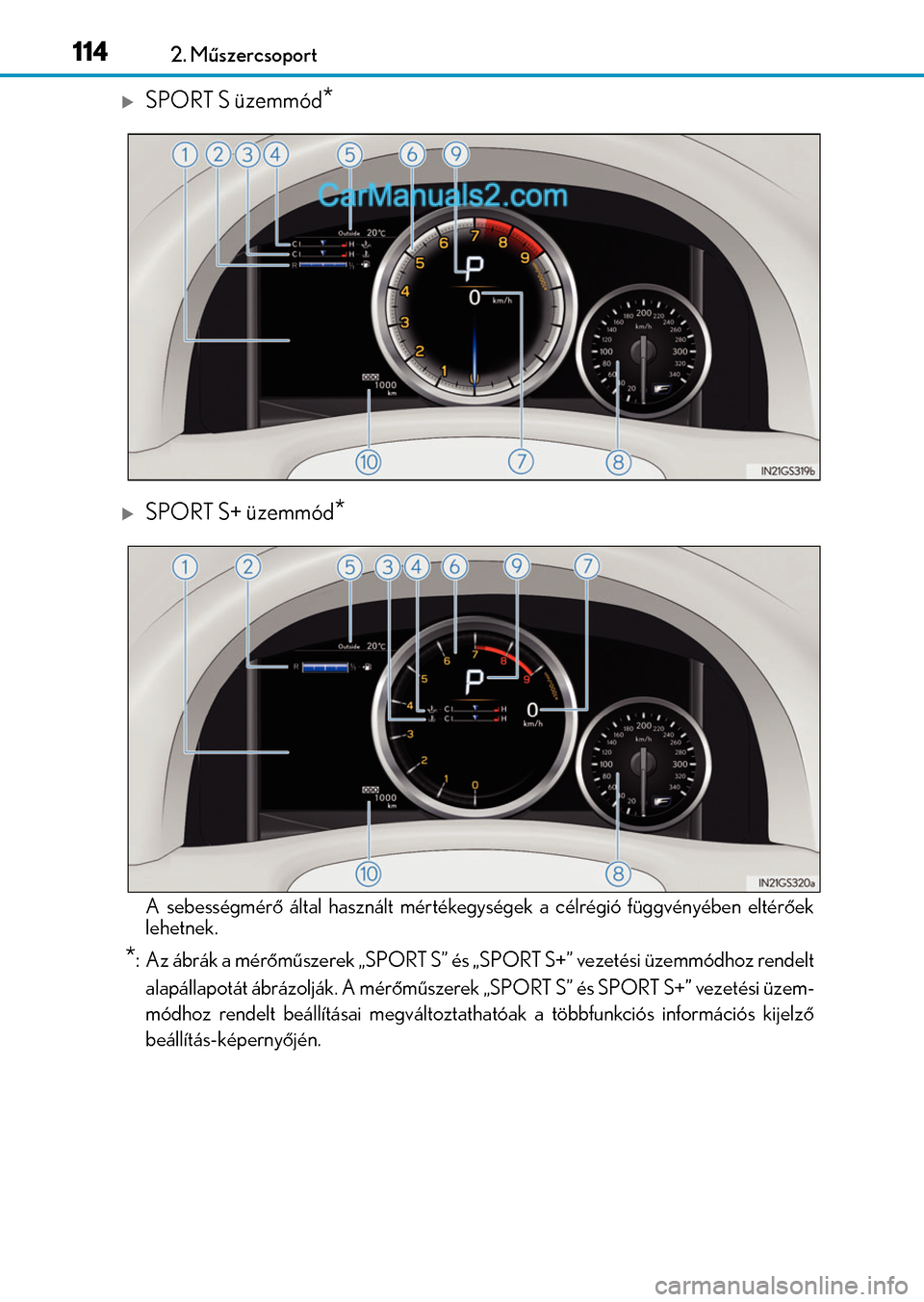 Lexus GS200t 2015 Kezelési útmutató (in Hungarian) 1142. Műszercsoport
SPORT S üzemmód*
SPORT S+ üzemmód*
A sebességmérő által használt mértékegységek a célrégió függvényében eltérőek
lehetnek.
*: Az ábrák a mérőműszere Lexus GS200t 2015 Kezelési útmutató (in Hungarian) 1142. Műszercsoport
SPORT S üzemmód*
SPORT S+ üzemmód*
A sebességmérő által használt mértékegységek a célrégió függvényében eltérőek
lehetnek.
*: Az ábrák a mérőműszere
