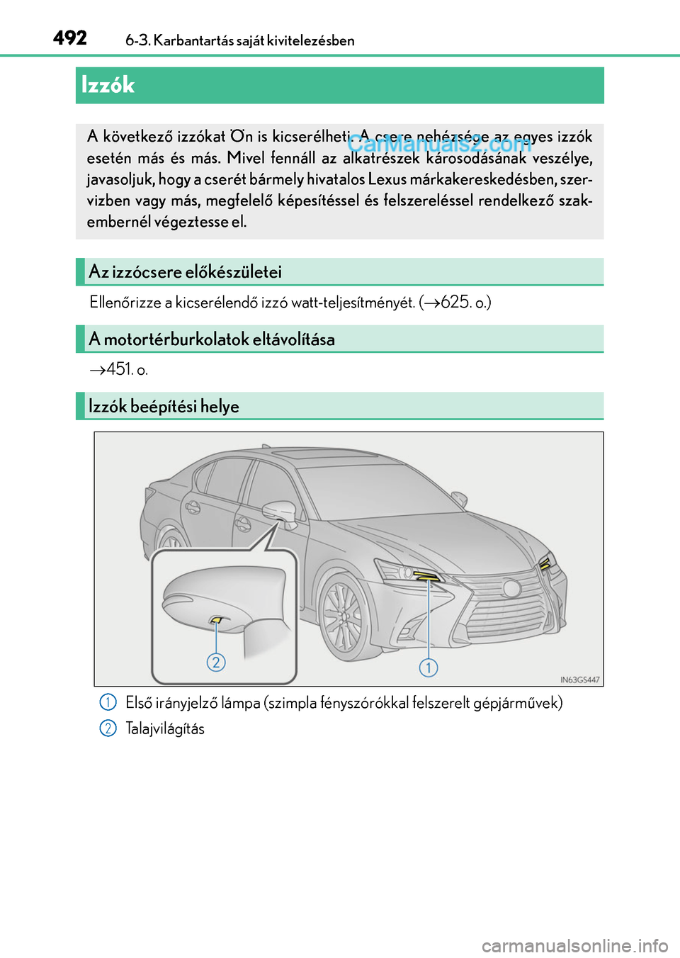 Lexus GS200t 2015 Kezelési útmutató (in Hungarian) 4926-3. Karbantartás saját kivitelezésben
Izzók
Ellenőrizze a kicserélendő izzó watt-teljesítményét. (625. o.)
451. o.
Első irányjelző lámpa (szimpla fényszórókkal felszerelt g Lexus GS200t 2015 Kezelési útmutató (in Hungarian) 4926-3. Karbantartás saját kivitelezésben
Izzók
Ellenőrizze a kicserélendő izzó watt-teljesítményét. (625. o.)
451. o.
Első irányjelző lámpa (szimpla fényszórókkal felszerelt g