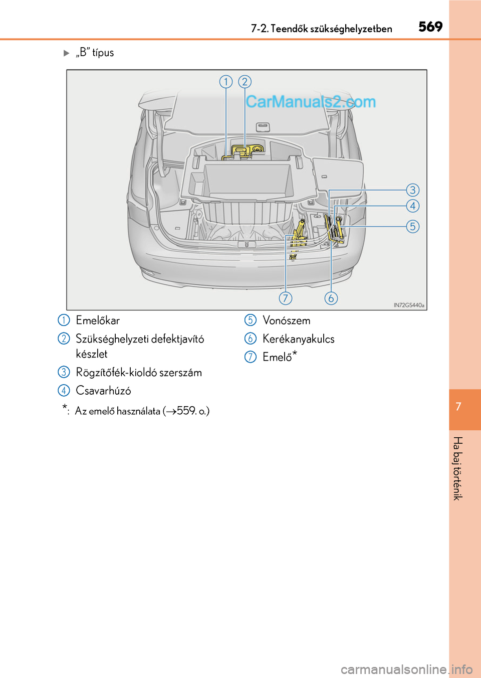 Lexus GS200t 2015 Kezelési útmutató (in Hungarian) 5697-2. Teendők szükséghelyzetben
7
Ha baj történik
„B” típus
*: Az emelő használata (559. o.)
Emelőkar
Szükséghelyzeti defektjavító
készlet
Rögzítőfék-kioldó szerszám
Lexus GS200t 2015 Kezelési útmutató (in Hungarian) 5697-2. Teendők szükséghelyzetben
7
Ha baj történik
„B” típus
*: Az emelő használata (559. o.)
Emelőkar
Szükséghelyzeti defektjavító
készlet
Rögzítőfék-kioldó szerszám