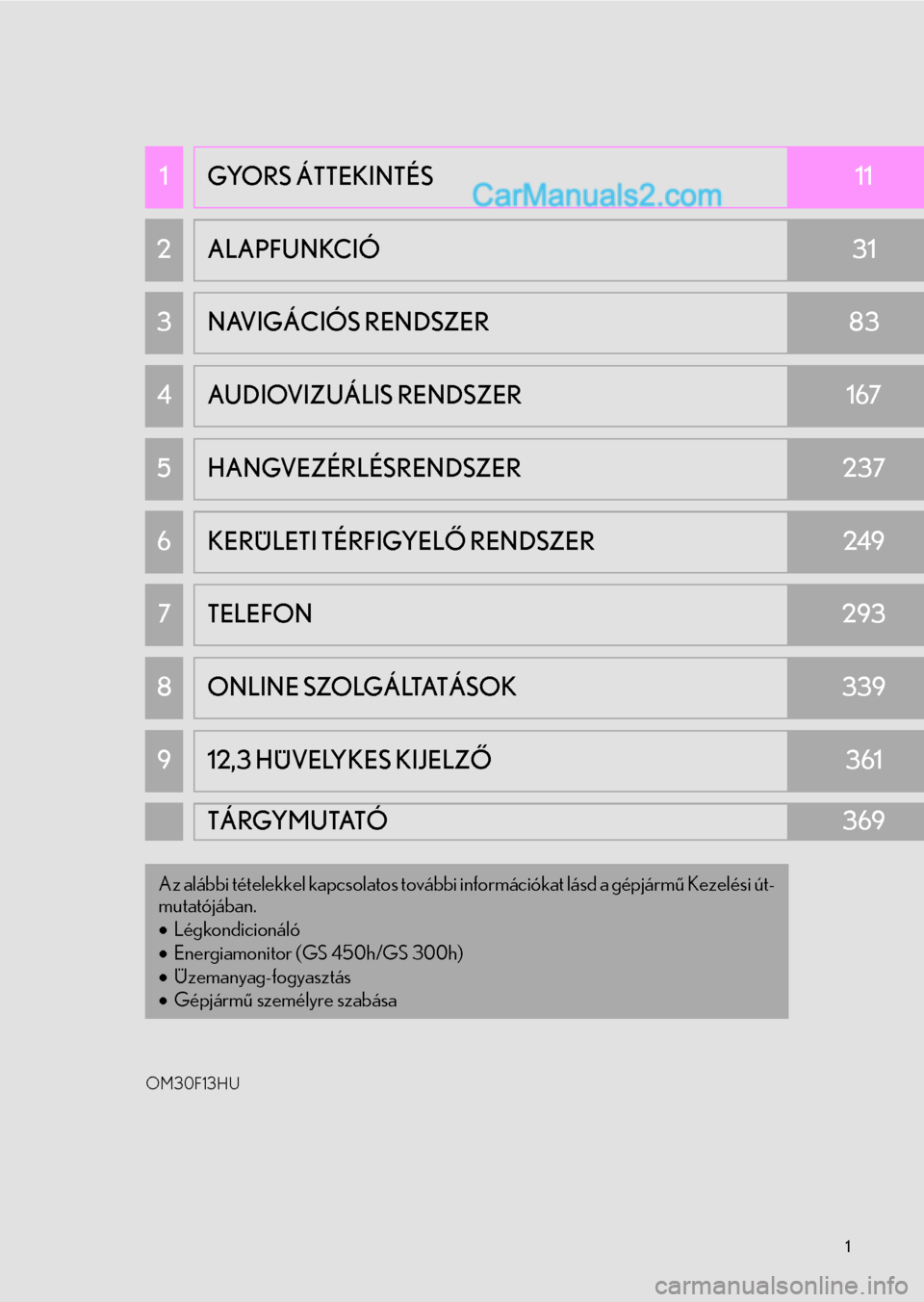 Lexus GS200t 2015  Navigáció kézikönyv (in Hungarian) 1
OM30F13HU
1GYORS ÁTTEKINTÉS11
2ALAPFUNKCIÓ31
3NAVIGÁCIÓS RENDSZER83
4AUDIOVIZUÁLIS RENDSZER167
5HANGVEZÉRLÉSRENDSZER237
6KERÜLETI TÉRFIGYELŐ RENDSZER249
7TELEFON293
8ONLINE SZOLGÁLTATÁS