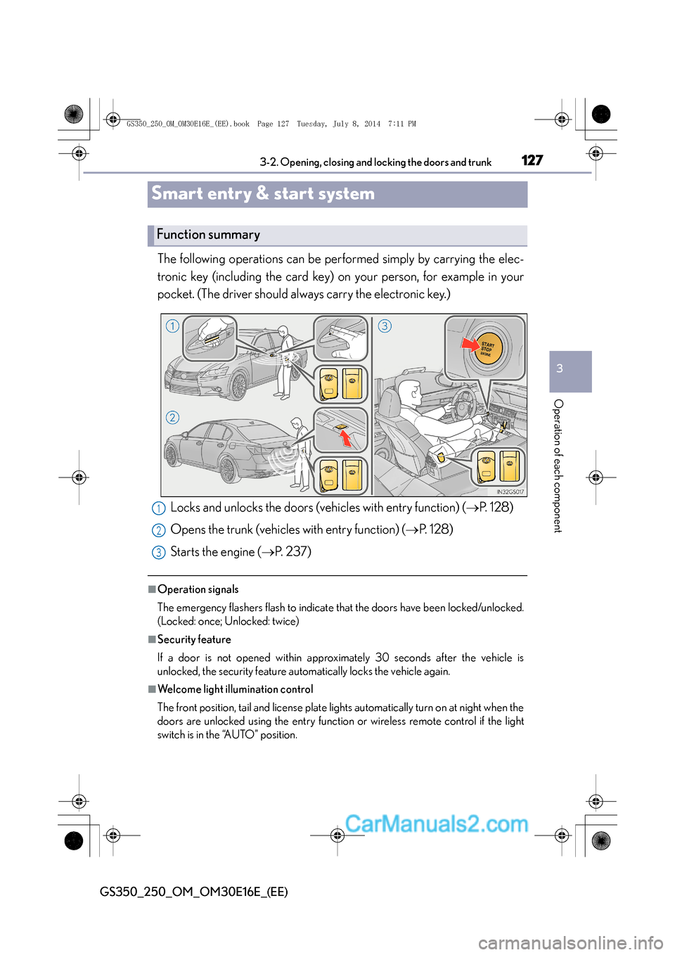 Lexus GS250 2014  Owners Manual 127
3
3-2. Opening, closing and locking the doors and trunk
Operation of each component
GS350_250_OM_OM30E16E_(EE)
Smart entry & start system
The following operations can be performed simply by carryi