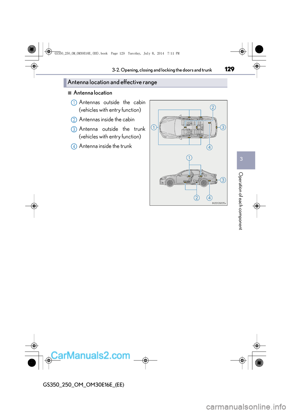 Lexus GS250 2014 Owners Manual 1293-2. Opening, closing and locking the doors and trunk
3
Operation of each component
GS350_250_OM_OM30E16E_(EE)
■Antenna locationAntennas outside the cabin
(vehicles with entry function)
Antennas Lexus GS250 2014 Owners Manual 1293-2. Opening, closing and locking the doors and trunk
3
Operation of each component
GS350_250_OM_OM30E16E_(EE)
■Antenna locationAntennas outside the cabin
(vehicles with entry function)
Antennas