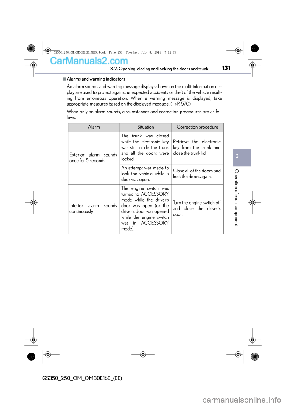 Lexus GS250 2014  Owners Manual 1313-2. Opening, closing and locking the doors and trunk
3
Operation of each component
GS350_250_OM_OM30E16E_(EE)
■Alarms and warning indicators
An alarm sounds and warning message displays shown on
