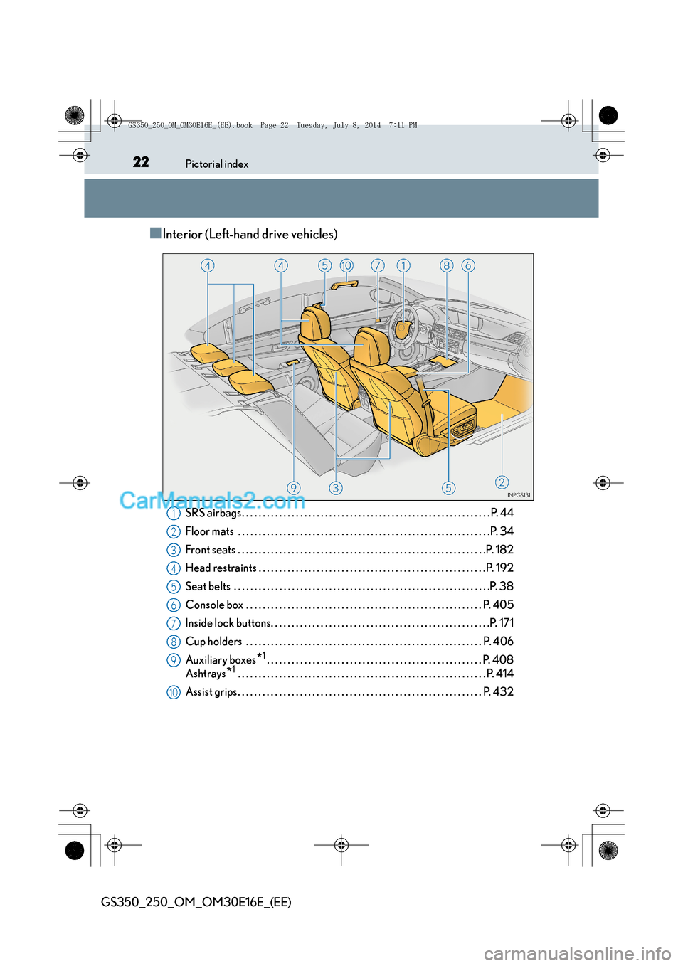 Lexus GS250 2014  Owners Manual 22Pictorial index
GS350_250_OM_OM30E16E_(EE)
■Interior (Left-hand drive vehicles)
SRS airbags . . . . . . . . . . . . . . . . . . . . . . . . . . . . . . . . . . . . . . . . . . . . . . . . . . . . 