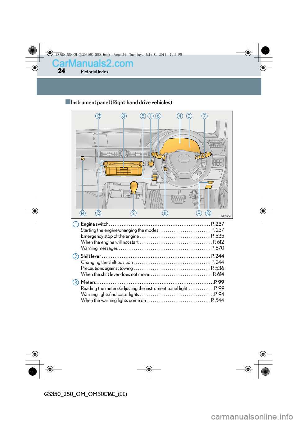 Lexus GS250 2014  Owners Manual 24Pictorial index
GS350_250_OM_OM30E16E_(EE)
■Instrument panel (Right-hand drive vehicles)
Engine switch . . . . . . . . . . . . . . . . . . . . . . . . . . . . . . . . . . . . . . . . . . . . . . .
