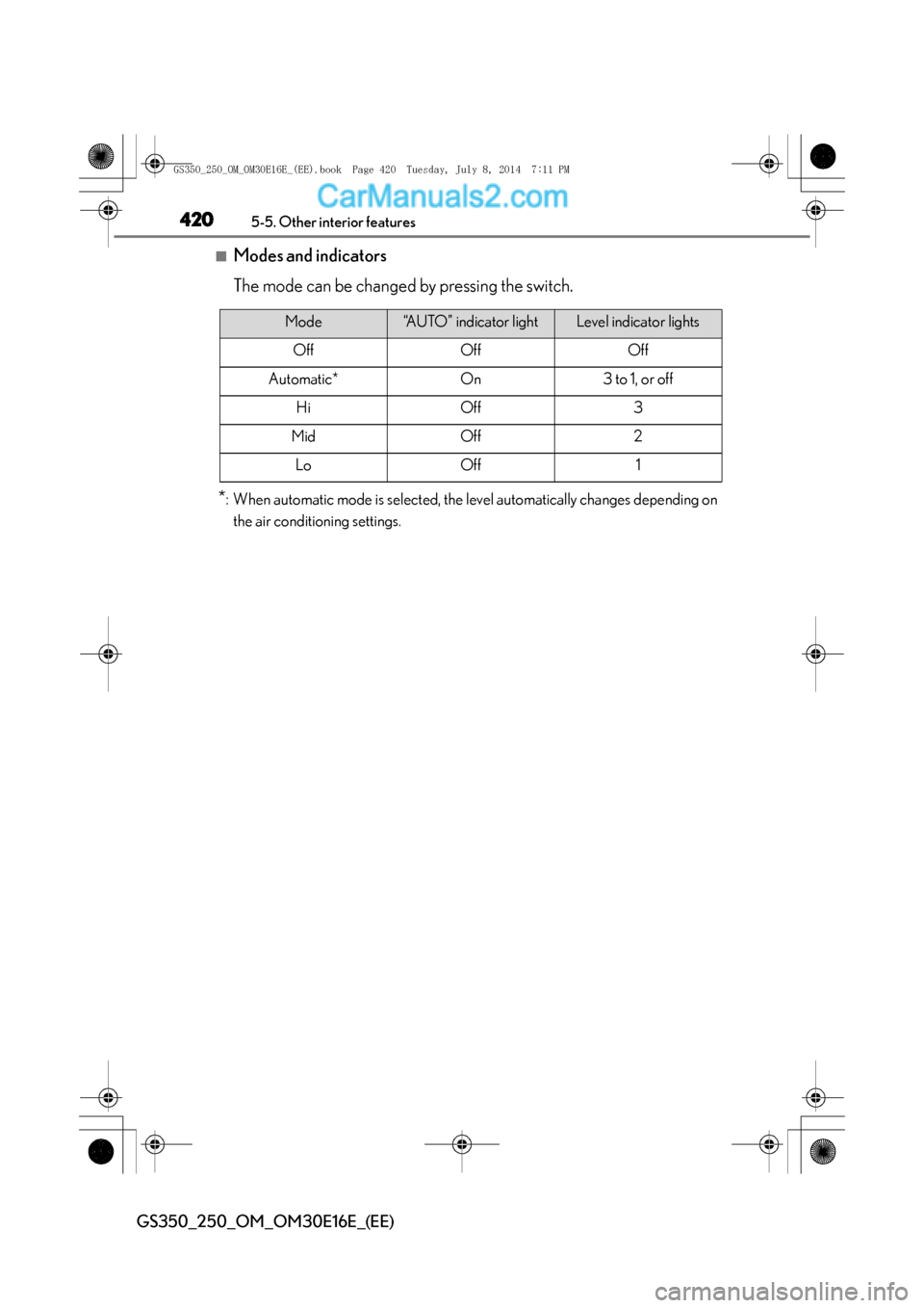 Lexus GS250 2014  Owners Manual 4205-5. Other interior features
GS350_250_OM_OM30E16E_(EE)
■Modes and indicators
The mode can be changed by pressing the switch.
*: When automatic mode is selected, the level automatically changes d
