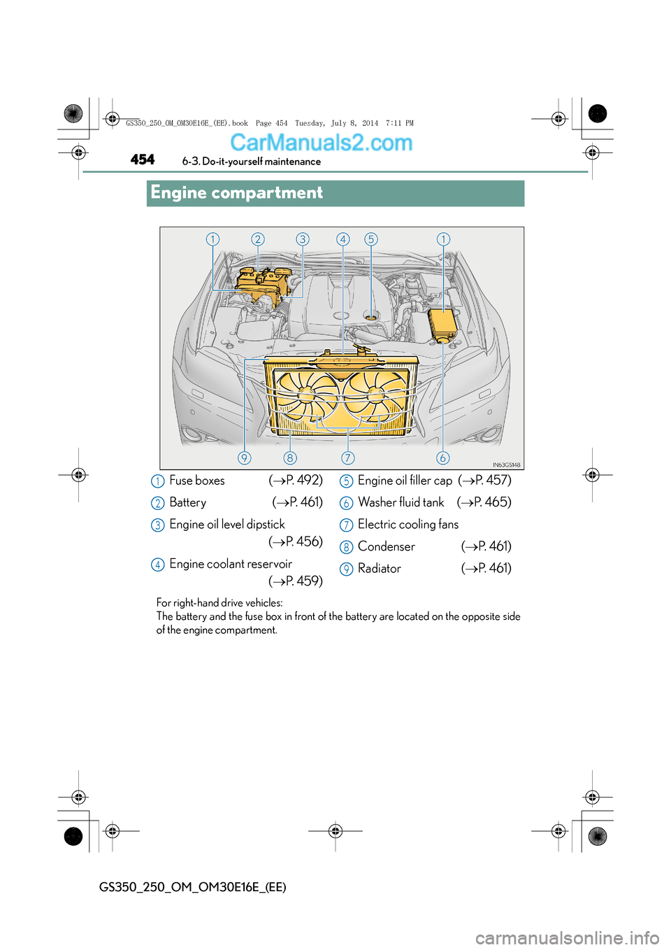 Lexus GS250 2014 Owners Manual 4546-3. Do-it-yourself maintenance
GS350_250_OM_OM30E16E_(EE)
Engine compartment
For right-hand drive vehicles:
The battery and the fuse box in front of the battery are located on the opposite side
o Lexus GS250 2014 Owners Manual 4546-3. Do-it-yourself maintenance
GS350_250_OM_OM30E16E_(EE)
Engine compartment
For right-hand drive vehicles:
The battery and the fuse box in front of the battery are located on the opposite side
o