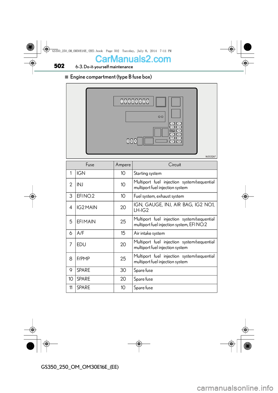 Lexus GS250 2014  Owners Manual 5026-3. Do-it-yourself maintenance
GS350_250_OM_OM30E16E_(EE)
■Engine compartment (type B fuse box)
FuseAmpereCircuit
1IGN10Starting system
2INJ10Multiport fuel injection system/sequential
multiport