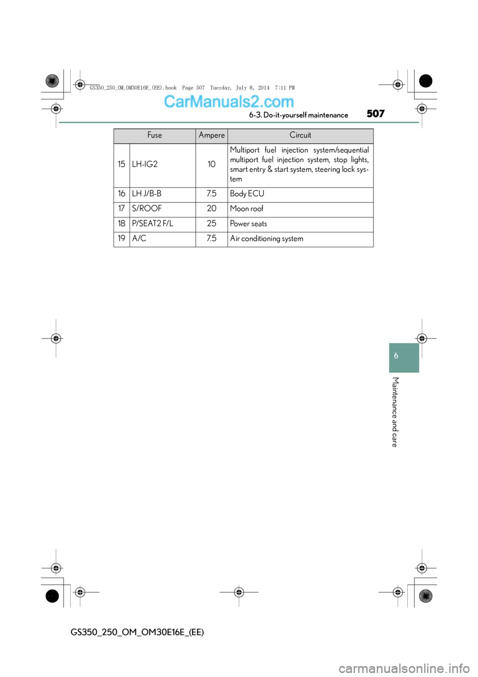 Lexus GS250 2014 Repair Manual 507 6-3. Do-it-yourself maintenance
6
Maintenance and care
GS350_250_OM_OM30E16E_(EE)
15LH-IG210
Multiport fuel injection system/sequential
multiport fuel injection system, stop lights,
smart entry & 