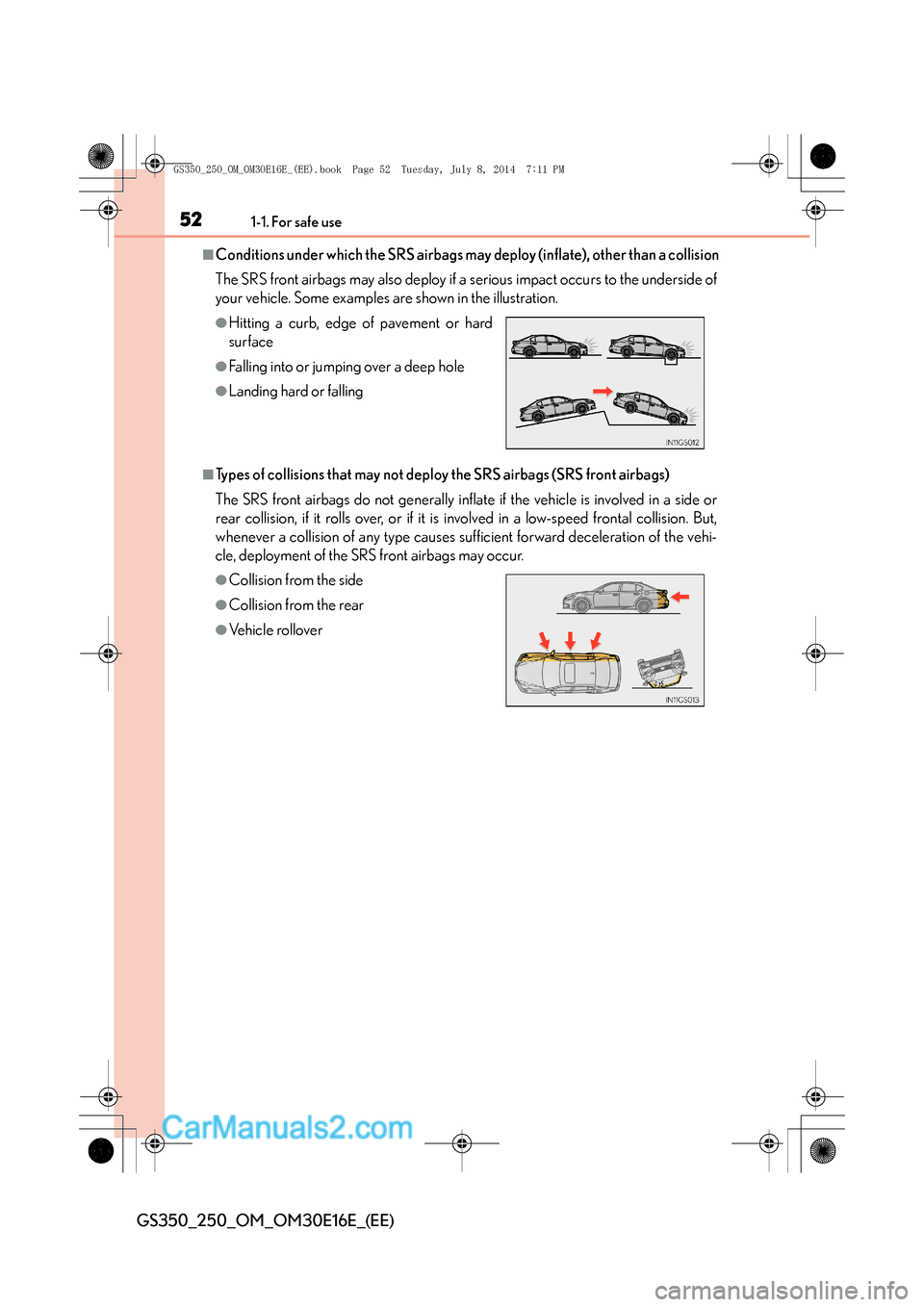 Lexus GS250 2014  Owners Manual 521-1. For safe use
GS350_250_OM_OM30E16E_(EE)
■Conditions under which the SRS airbags may deploy (inflate), other than a collision 
The SRS front airbags may also deploy if a serious impact occurs 