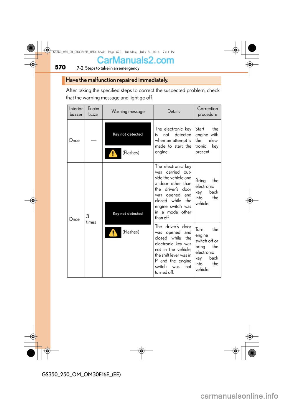 Lexus GS250 2014 User Guide 5707-2. Steps to take in an emergency
GS350_250_OM_OM30E16E_(EE)
After taking the specified steps to correct the suspected problem, check
that the warning message and light go off.
Have the malfunctio Lexus GS250 2014 User Guide 5707-2. Steps to take in an emergency
GS350_250_OM_OM30E16E_(EE)
After taking the specified steps to correct the suspected problem, check
that the warning message and light go off.
Have the malfunctio
