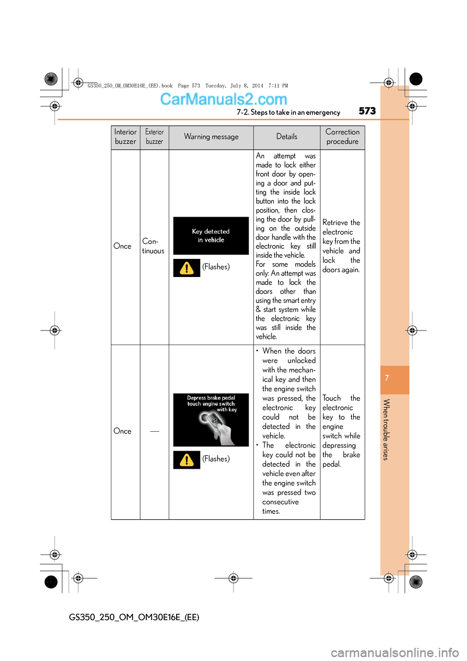 Lexus GS250 2014 Repair Manual 5737-2. Steps to take in an emergency
7
When trouble arises
GS350_250_OM_OM30E16E_(EE)
InteriorbuzzerExterior
buzzerWa r n i n g m e s s a g eDetailsCorrection procedure
OnceCon-
tinuous
An attempt Lexus GS250 2014 Repair Manual 5737-2. Steps to take in an emergency
7
When trouble arises
GS350_250_OM_OM30E16E_(EE)
InteriorbuzzerExterior
buzzerWa r n i n g m e s s a g eDetailsCorrection procedure
OnceCon-
tinuous
An attempt