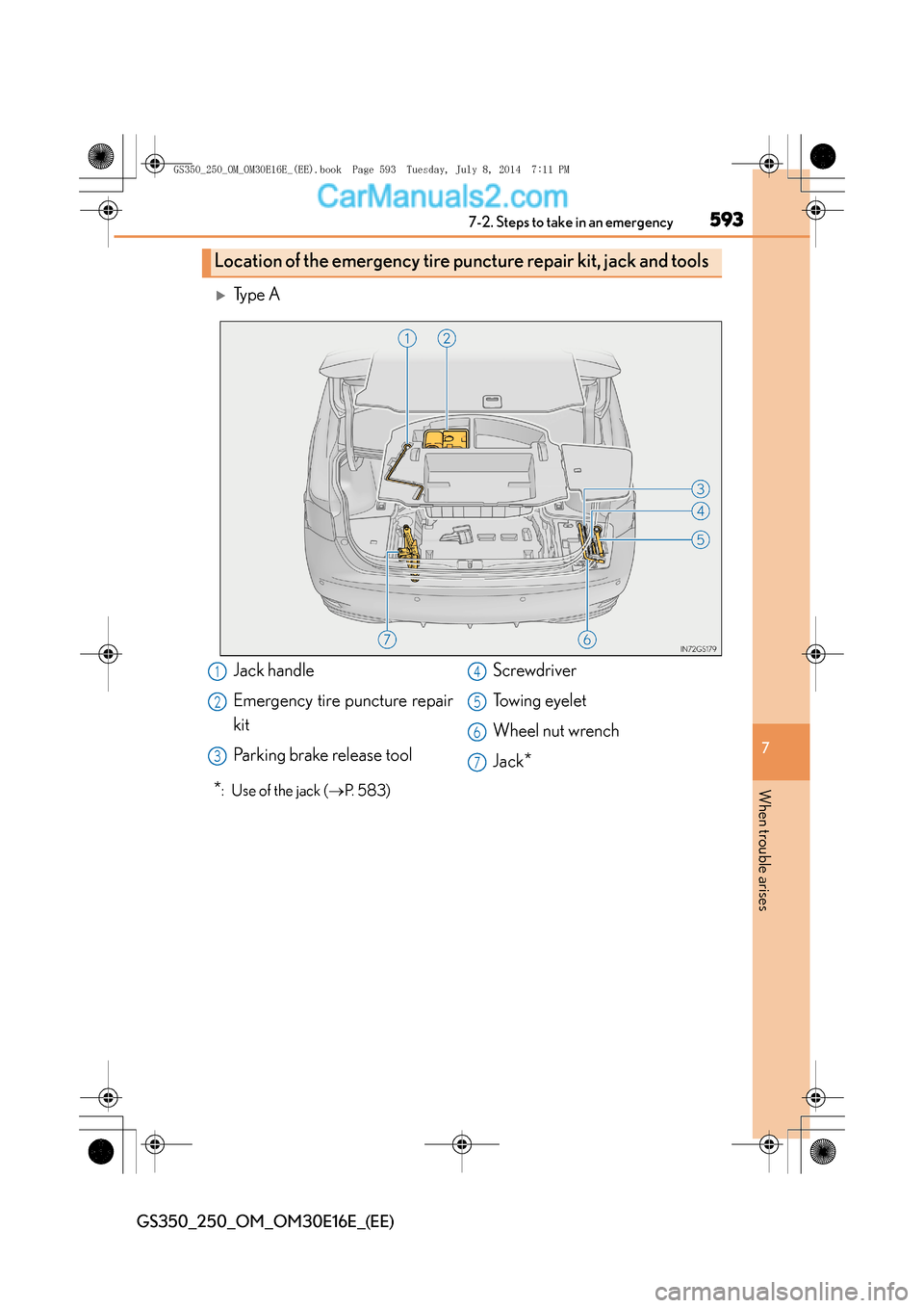 Lexus GS250 2014  Owners Manual 5937-2. Steps to take in an emergency
7
When trouble arises
GS350_250_OM_OM30E16E_(EE)
�XType A
*:  Use of the jack (→P.  5 8 3 )
Location of the emergency tire puncture repair kit, jack and tools 
