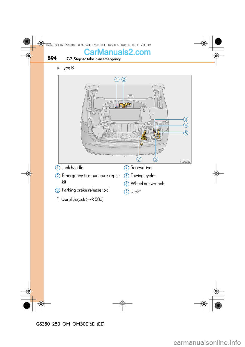 Lexus GS250 2014  Owners Manual 5947-2. Steps to take in an emergency
GS350_250_OM_OM30E16E_(EE)
�XType B
*:  Use of the jack (→P.  5 8 3 )
Jack handle
Emergency tire puncture repair
kit
Parking brake release tool Screwdriver
Towi