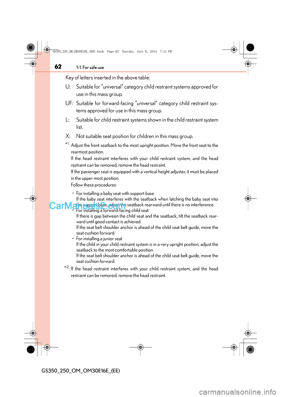 Lexus GS250 2014 Owners Manual 621-1. For safe use
GS350_250_OM_OM30E16E_(EE)
Key of letters inserted in the above table:
U: Suitable for “universal” category child restraint systems approved for
use in this mass group.
UF: Sui Lexus GS250 2014 Owners Manual 621-1. For safe use
GS350_250_OM_OM30E16E_(EE)
Key of letters inserted in the above table:
U: Suitable for “universal” category child restraint systems approved for
use in this mass group.
UF: Sui