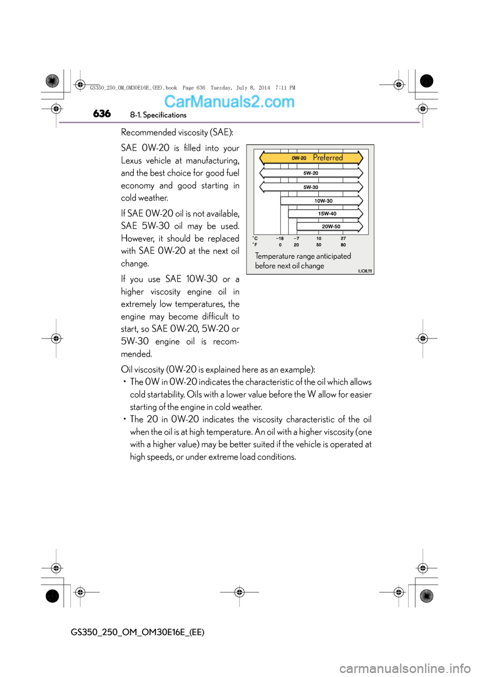 Lexus GS250 2014 Owners Manual 6368-1. Specifications
GS350_250_OM_OM30E16E_(EE)
Recommended viscosity (SAE):
SAE 0W-20 is filled into your
Lexus vehicle at manufacturing,
and the best choice for good fuel
economy and good starting Lexus GS250 2014 Owners Manual 6368-1. Specifications
GS350_250_OM_OM30E16E_(EE)
Recommended viscosity (SAE):
SAE 0W-20 is filled into your
Lexus vehicle at manufacturing,
and the best choice for good fuel
economy and good starting
