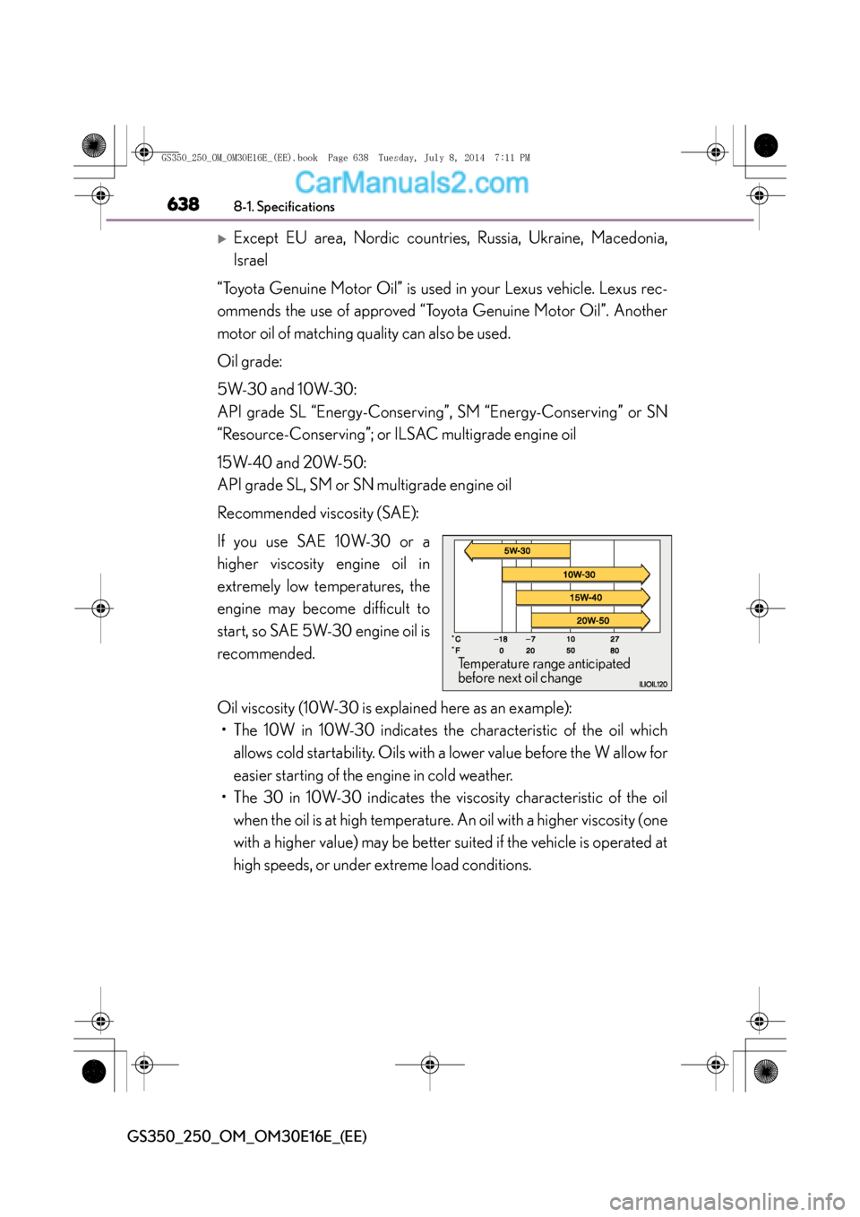 Lexus GS250 2014  Owners Manual 6388-1. Specifications
GS350_250_OM_OM30E16E_(EE)
�XExcept EU area, Nordic countries, Russia, Ukraine, Macedonia,
Israel
“Toyota Genuine Motor Oil” is used in your Lexus vehicle. Lexus rec-
ommend