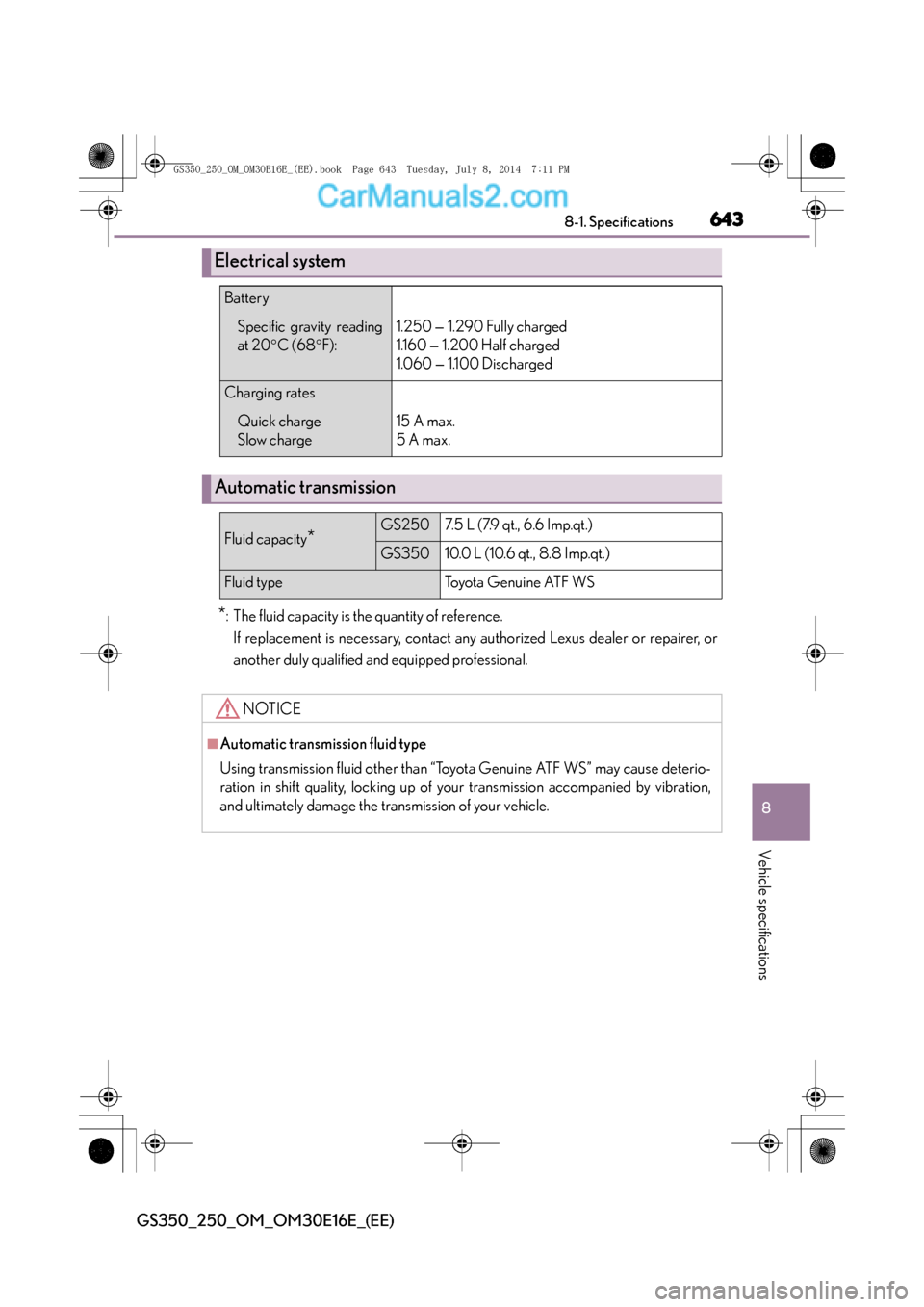 Lexus GS250 2014  Owners Manual 643
8
8-1. Specifications
Vehicle specifications
GS350_250_OM_OM30E16E_(EE)
*: The fluid capacity is the quantity of reference.
If replacement is necessary, contact any authorized Lexus dealer or repa