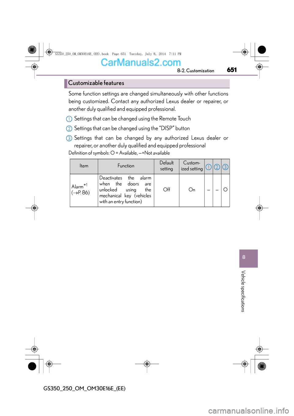 Lexus GS250 2014 User Guide 651
8
8-2. Customization
Vehicle specifications
GS350_250_OM_OM30E16E_(EE)
Some function settings are changed simultaneously with other functions
being customized. Contact any authorized Lexus dealer 