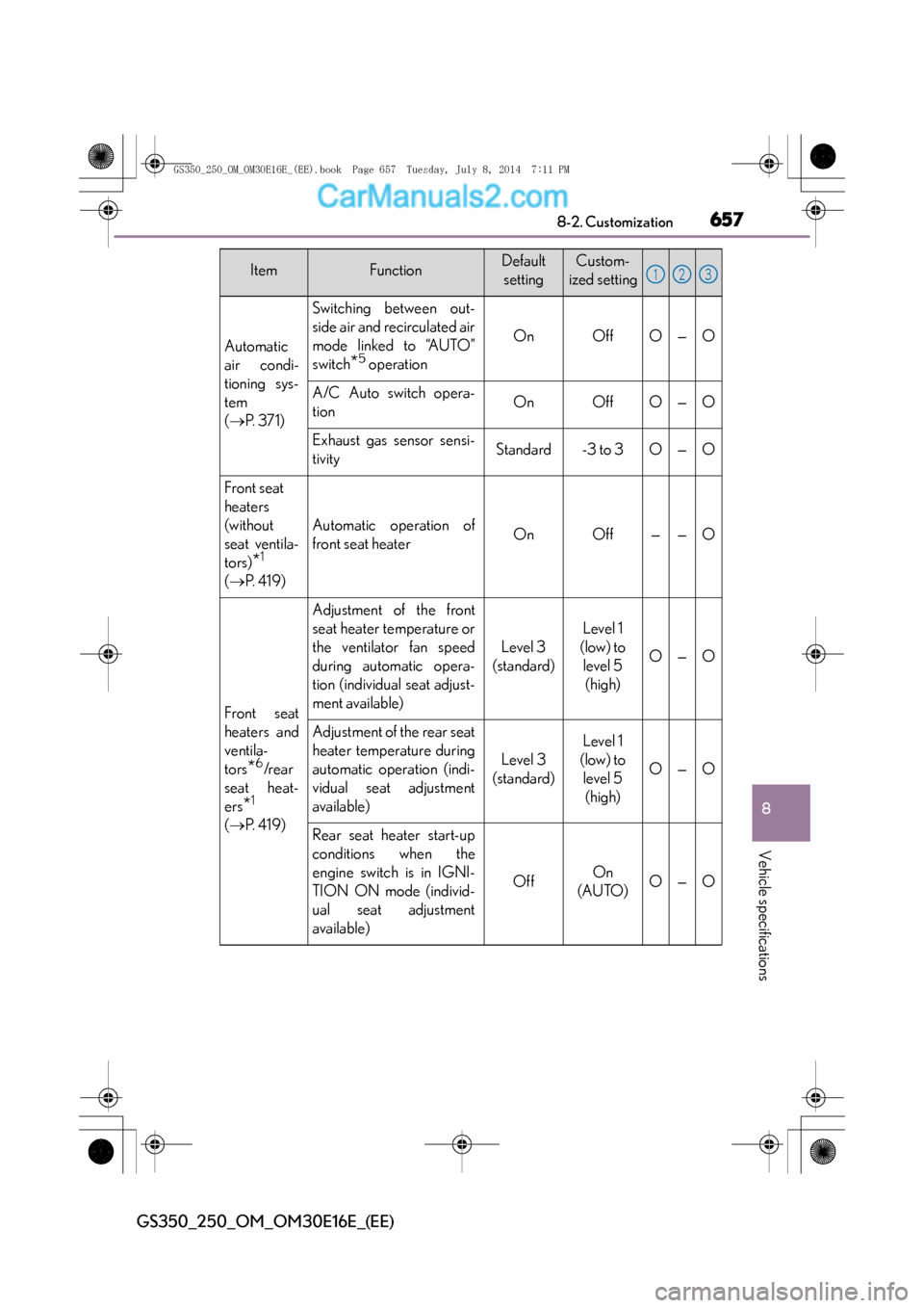 Lexus GS250 2014  Owners Manual 657
8
8-2. Customization
Vehicle specifications
GS350_250_OM_OM30E16E_(EE)
Automatic
air condi-
tioning sys-
tem
(
→ P.  3 7 1 )
Switching between out-
side air and recirculated air
mode linked to �