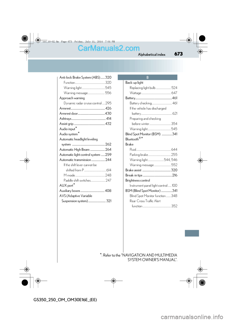 Lexus GS250 2014  Owners Manual 673Alphabetical index
GS350_250_OM_OM30E16E_(EE)
Anti-lock Brake System (ABS) .......320Function ..................................................320
Warning light ...................................