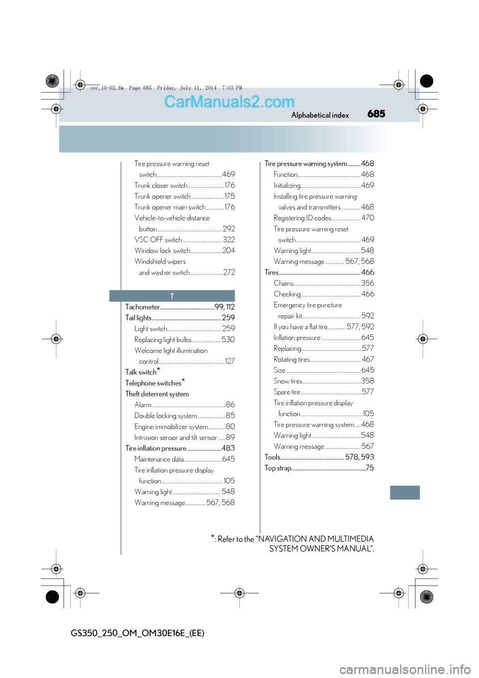 Lexus GS250 2014  Owners Manual 685Alphabetical index
GS350_250_OM_OM30E16E_(EE)
Tire pressure warning reset switch....................................................469
Trunk closer switch .............................176
Trunk op