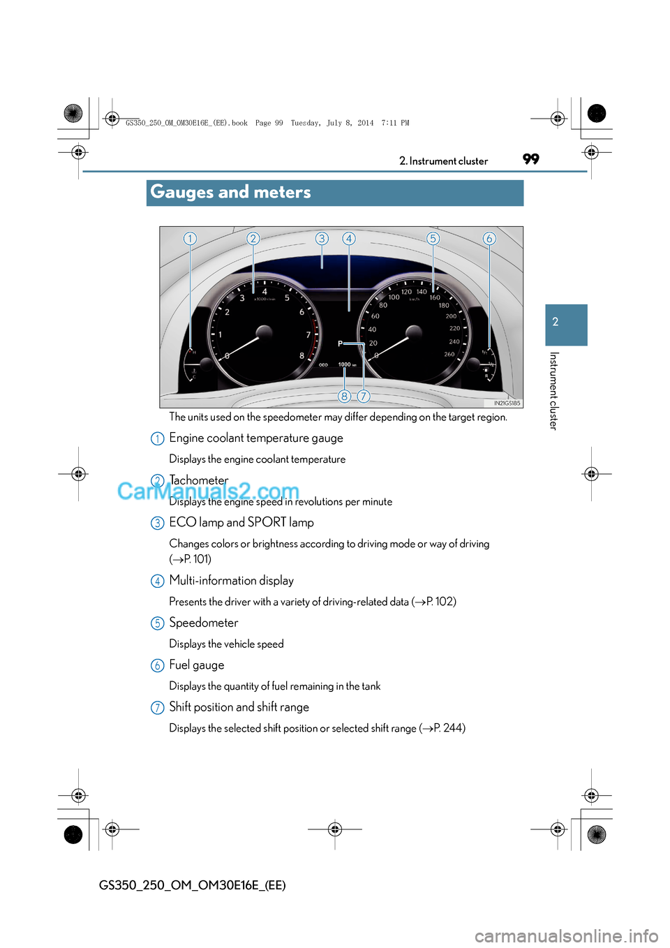 Lexus GS250 2014  Owners Manual 99
2
2. Instrument cluster
Instrument cluster
GS350_250_OM_OM30E16E_(EE)
Gauges and meters
The units used on the speedometer may differ depending on the target region.
Engine coolant temperature gauge