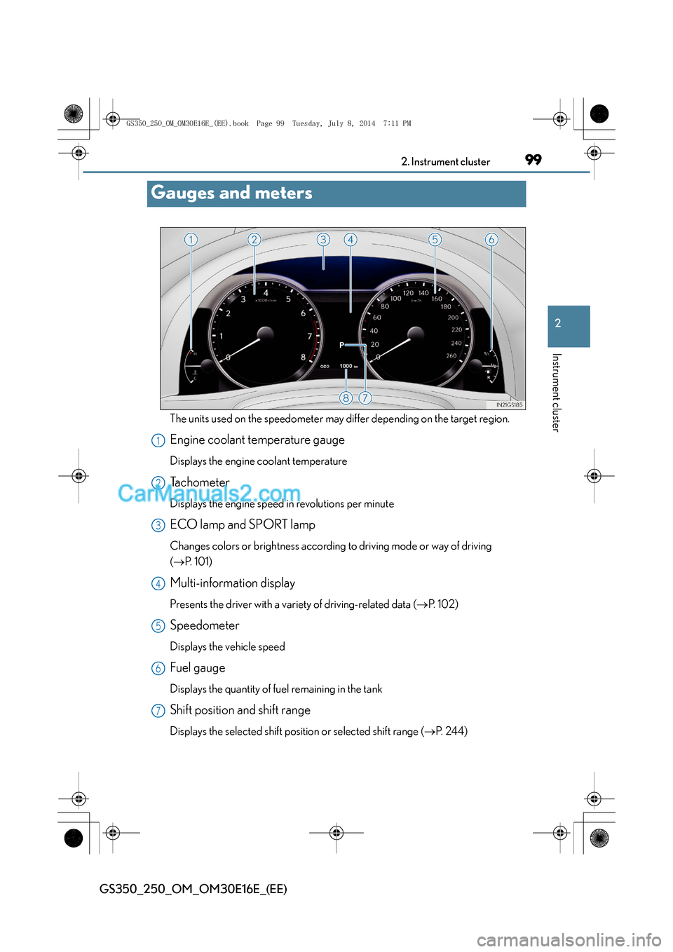 Lexus GS250 2014 Owners Manual 99
2
2. Instrument cluster
Instrument cluster
GS350_250_OM_OM30E16E_(EE)
Gauges and meters
The units used on the speedometer may differ depending on the target region.
Engine coolant temperature gauge Lexus GS250 2014 Owners Manual 99
2
2. Instrument cluster
Instrument cluster
GS350_250_OM_OM30E16E_(EE)
Gauges and meters
The units used on the speedometer may differ depending on the target region.
Engine coolant temperature gauge