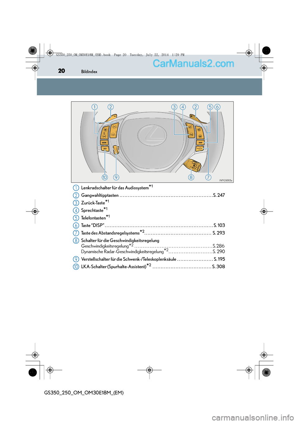 Lexus GS250 2014  Betriebsanleitung (in German) 20Bildindex
GS350_250_OM_OM30E18M_(EM)
Lenkradschalter für das Audiosystem*1
Gangwahltipptasten  . . . . . . . . . . . . . . . . . . . . . . . . . . . . . . . . . . . . . . . . . . . . . . . . . . . 