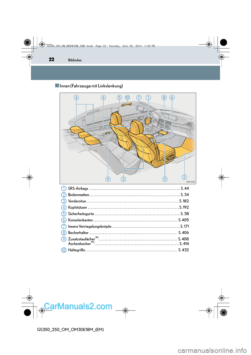 Lexus GS250 2014  Betriebsanleitung (in German) 22Bildindex
GS350_250_OM_OM30E18M_(EM)
■Innen (Fahrzeuge mit Linkslenkung)
SRS-Airbags  . . . . . . . . . . . . . . . . . . . . . . . . . . . . . . . . . . . . . . . . . . . . . . . . . . . . . . . 