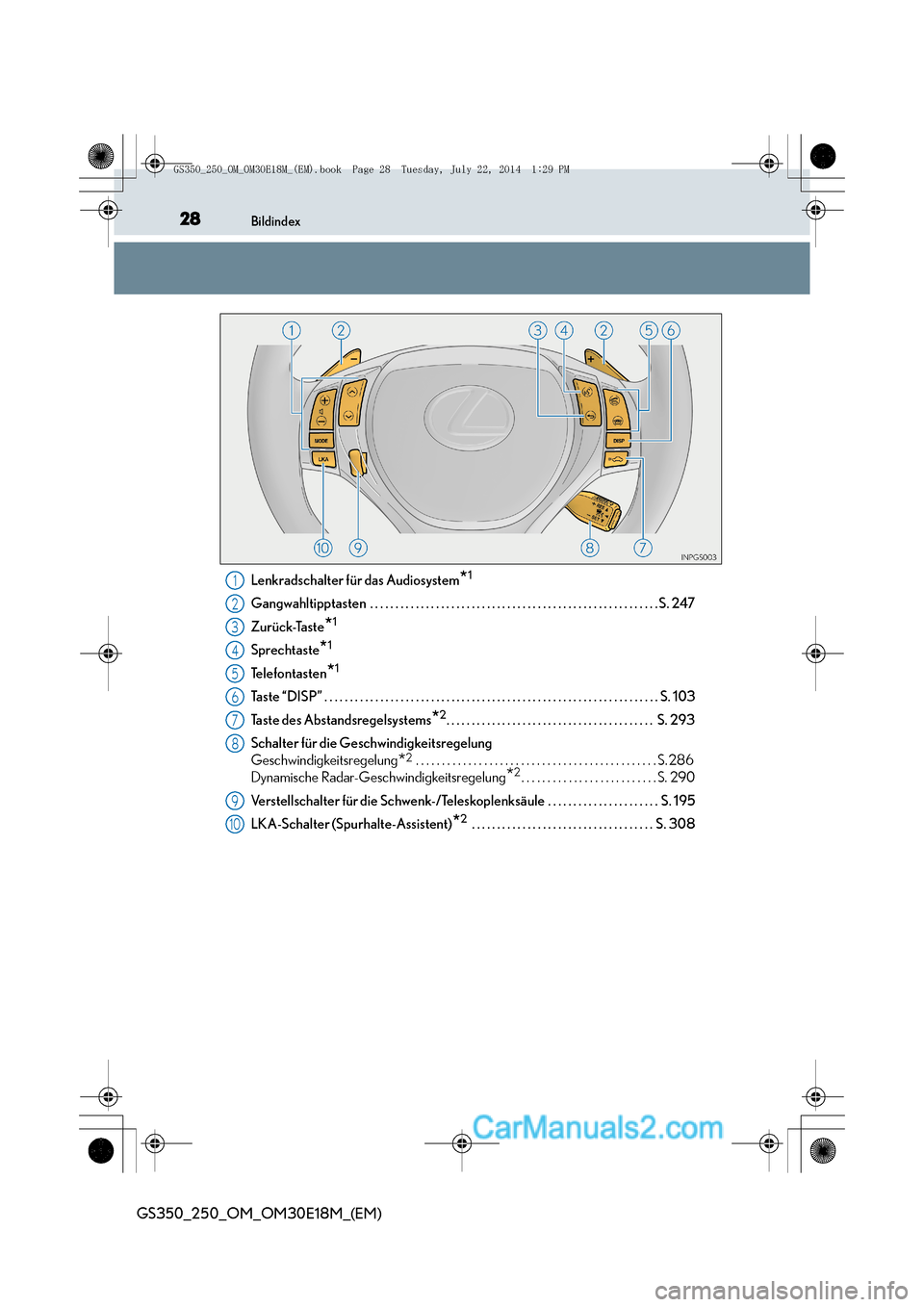 Lexus GS250 2014  Betriebsanleitung (in German) 28Bildindex
GS350_250_OM_OM30E18M_(EM)
Lenkradschalter für das Audiosystem*1
Gangwahltipptasten  . . . . . . . . . . . . . . . . . . . . . . . . . . . . . . . . . . . . . . . . . . . . . . . . . . . 