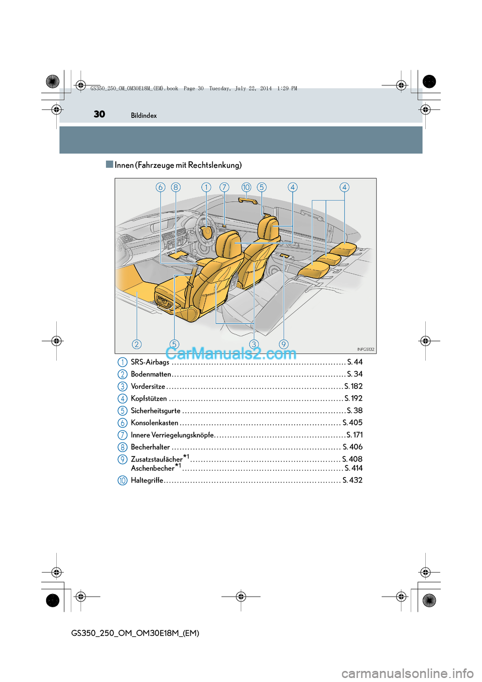 Lexus GS250 2014  Betriebsanleitung (in German) 30Bildindex
GS350_250_OM_OM30E18M_(EM)
■Innen (Fahrzeuge mit Rechtslenkung)
SRS-Airbags  . . . . . . . . . . . . . . . . . . . . . . . . . . . . . . . . . . . . . . . . . . . . . . . . . . . . . . .
