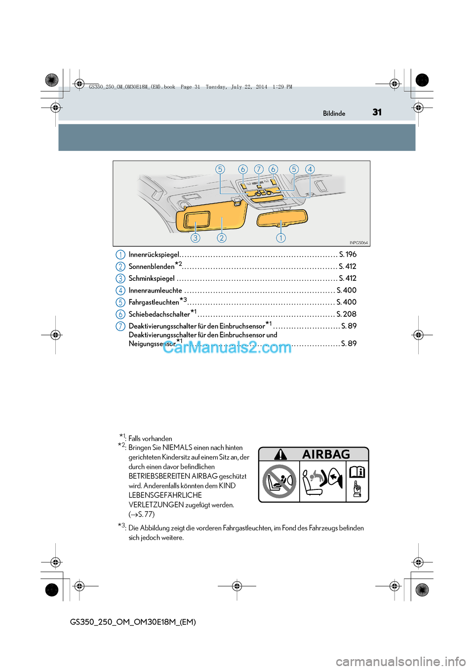 Lexus GS250 2014  Betriebsanleitung (in German) 31Bildinde
GS350_250_OM_OM30E18M_(EM)
Innenrückspiegel. . . . . . . . . . . . . . . . . . . . . . . . . . . . . . . . . . . . . . . . . . . . . . . . . . . . . . . . . . . . .  S. 196
Sonnenblenden
*