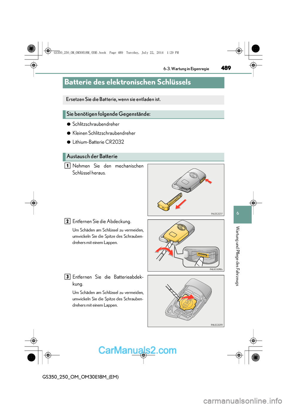 Lexus GS250 2014  Betriebsanleitung (in German) 489
6
 6-3. Wartung in Eigenregie
Wartung und Pflege des Fahrzeugs
GS350_250_OM_OM30E18M_(EM)
Batterie des elektronischen Schlüssels
●Schlitzschraubendreher
●Kleinen Schlitzschraubendreher
●Lit