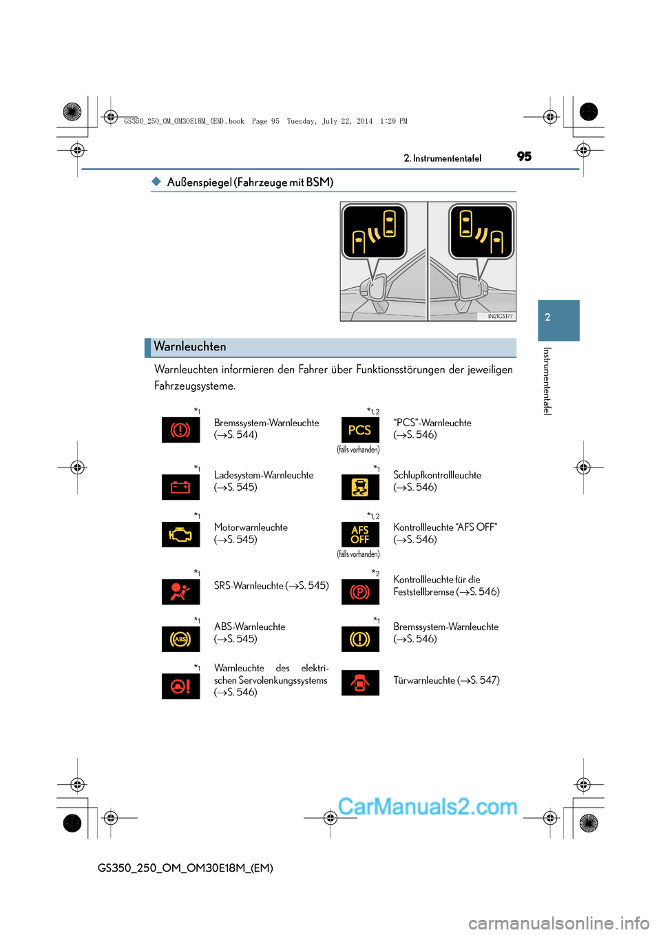 Lexus GS250 2014  Betriebsanleitung (in German) 952. Instrumententafel
2
Instrumententafel
GS350_250_OM_OM30E18M_(EM)
◆Außenspiegel (Fahrzeuge mit BSM)
Warnleuchten informieren den Fahrer über Funktionsstörungen der jeweiligen
Fahrzeugsysteme.