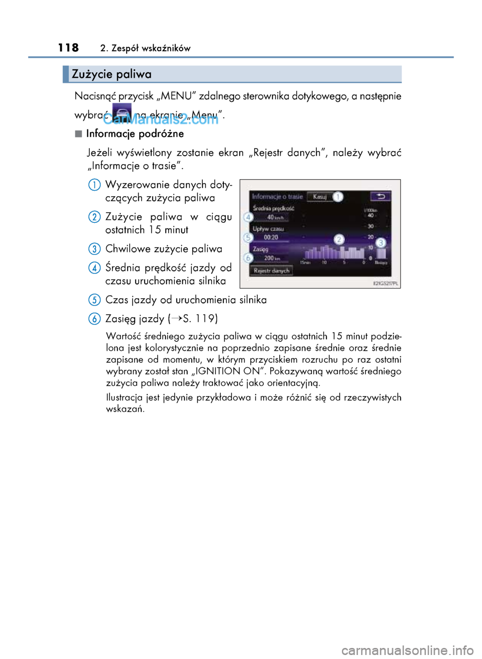 Lexus GS250 2014  Instrukcja Obsługi (in Polish) Nacisnàç przycisk „MENU” zdalnego sterownika dotykowego, a nast´pnie
wybraç  na ekranie „Menu”.
Informacje podró˝ne
Je˝eli  wyÊwietlony  zostanie  ekran  „Rejestr  danych”,  nale˝