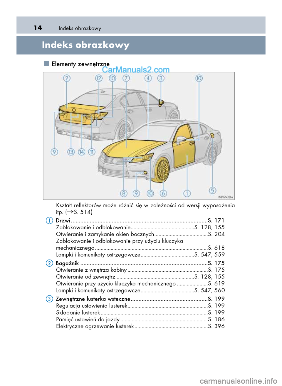 Lexus GS250 2014  Instrukcja Obsługi (in Polish) Indeks obrazkowy14
Indeks obrazkowy
Elementy zewn´trzne
Kszta∏t  reflektorów  mo˝e  ró˝niç  si´  w zale˝noÊci  od  wersji  wyposa˝enia
itp. (
S. 514)
Drzwi ...............................