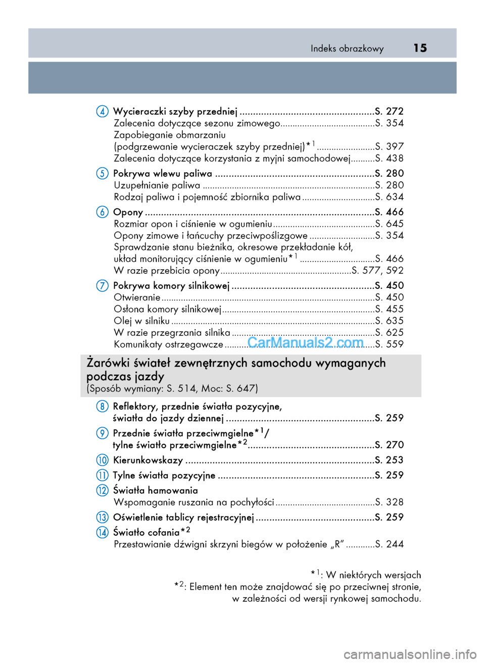 Lexus GS250 2014  Instrukcja Obsługi (in Polish) Indeks obrazkowy15
Wycieraczki szyby przedniej ..................................................S. 272
Zalecenia dotyczàce sezonu zimowego.......................................S. 354
Zapobieganie o