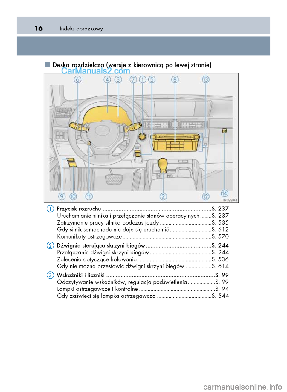 Lexus GS250 2014  Instrukcja Obsługi (in Polish) Indeks obrazkowy16
Deska rozdzielcza (wersje z kierownicà po lewej stronie)
Przycisk rozruchu ....................................................................S. 237
Uruchamianie silnika i prze∏