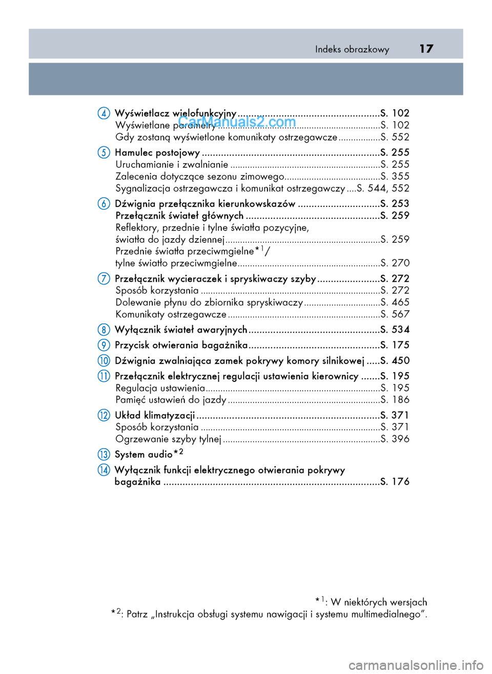 Lexus GS250 2014  Instrukcja Obsługi (in Polish) Indeks obrazkowy17
WyÊwietlacz wielofunkcyjny ....................................................S. 102
WyÊwietlane parametry ..................................................................S. 10