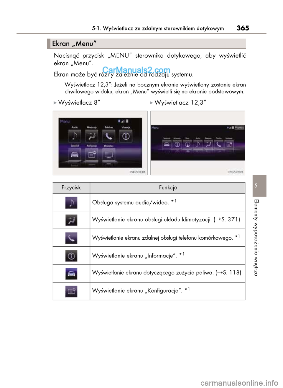 Lexus GS250 2014  Instrukcja Obsługi (in Polish) Nacisnàç  przycisk  „MENU”  sterownika  dotykowego,  aby  wyÊwietliç
ekran „Menu”.
Ekran mo˝e byç ró˝ny zale˝nie od rodzaju systemu.
WyÊwietlacz  12,3”:  Je˝eli  na  bocznym  ekra