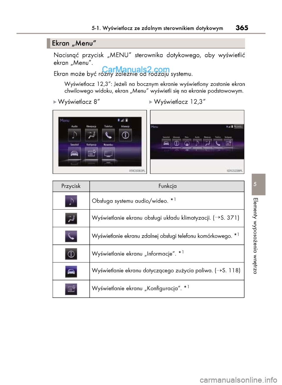 Lexus GS250 2014 Instrukcja Obsługi (in Polish) Nacisnàç przycisk „MENU” sterownika dotykowego, aby wyÊwietliç
ekran „Menu”.
Ekran mo˝e byç ró˝ny zale˝nie od rodzaju systemu.
WyÊwietlacz 12,3”: Je˝eli na bocznym ekra Lexus GS250 2014 Instrukcja Obsługi (in Polish) Nacisnàç przycisk „MENU” sterownika dotykowego, aby wyÊwietliç
ekran „Menu”.
Ekran mo˝e byç ró˝ny zale˝nie od rodzaju systemu.
WyÊwietlacz 12,3”: Je˝eli na bocznym ekra