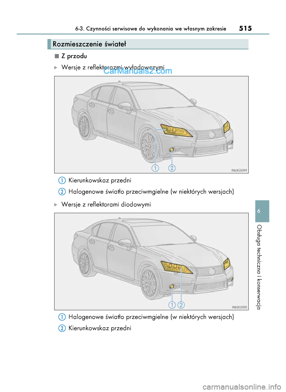 Lexus GS250 2014  Instrukcja Obsługi (in Polish) Z przodu
ó   Wersje z reflektorazmi wy∏adowczymi
Kierunkowskaz przedni
Halogenowe Êwiat∏o przeciwmgielne (w niektórych wersjach)
ó   Wersje z reflektorami diodowymi
Halogenowe Êwiat∏o przec