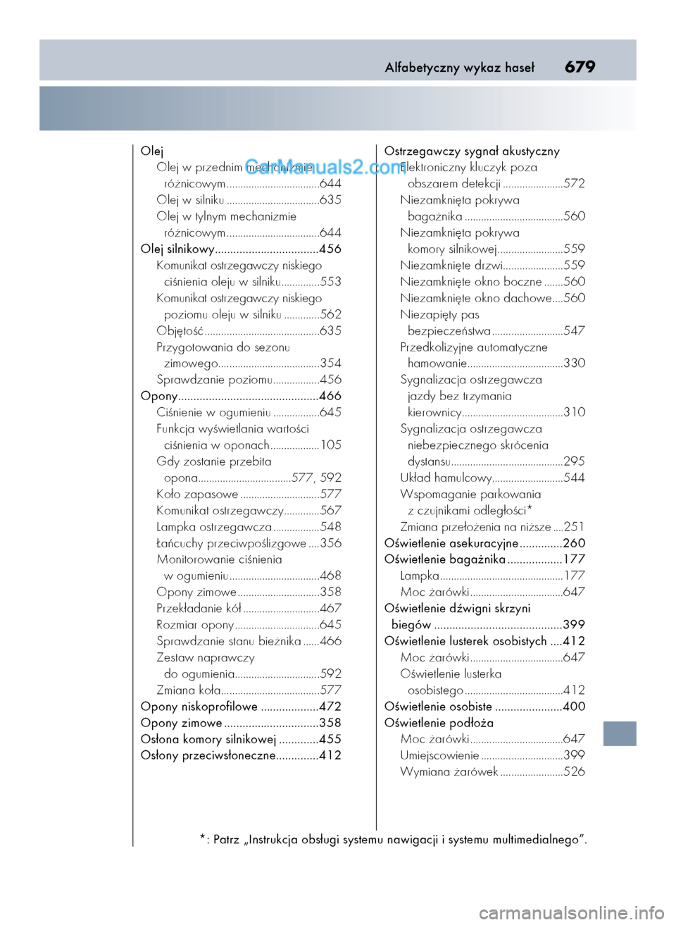 Lexus GS250 2014  Instrukcja Obsługi (in Polish) Alfabetyczny wykaz hase∏679
Olej
Olej w przednim mechanizmie 
ró˝nicowym ..................................644
Olej w silniku ..................................635
Olej w tylnym mechanizmie
ró˝n