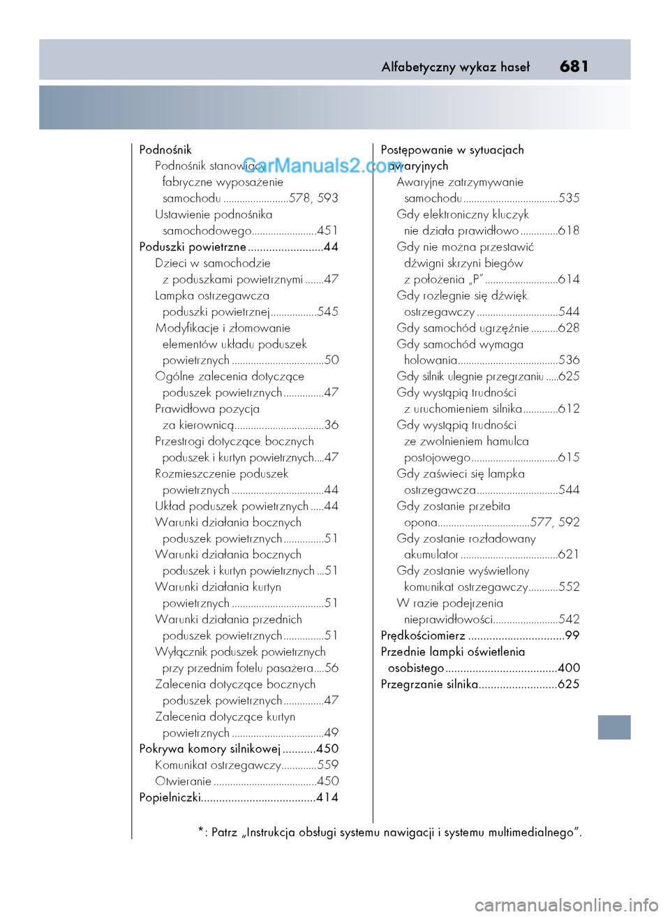 Lexus GS250 2014  Instrukcja Obsługi (in Polish) Alfabetyczny wykaz hase∏681
PodnoÊnik
PodnoÊnik stanowiàcy 
fabryczne wyposa˝enie 
samochodu ........................578, 593
Ustawienie podnoÊnika 
samochodowego........................451
Pod