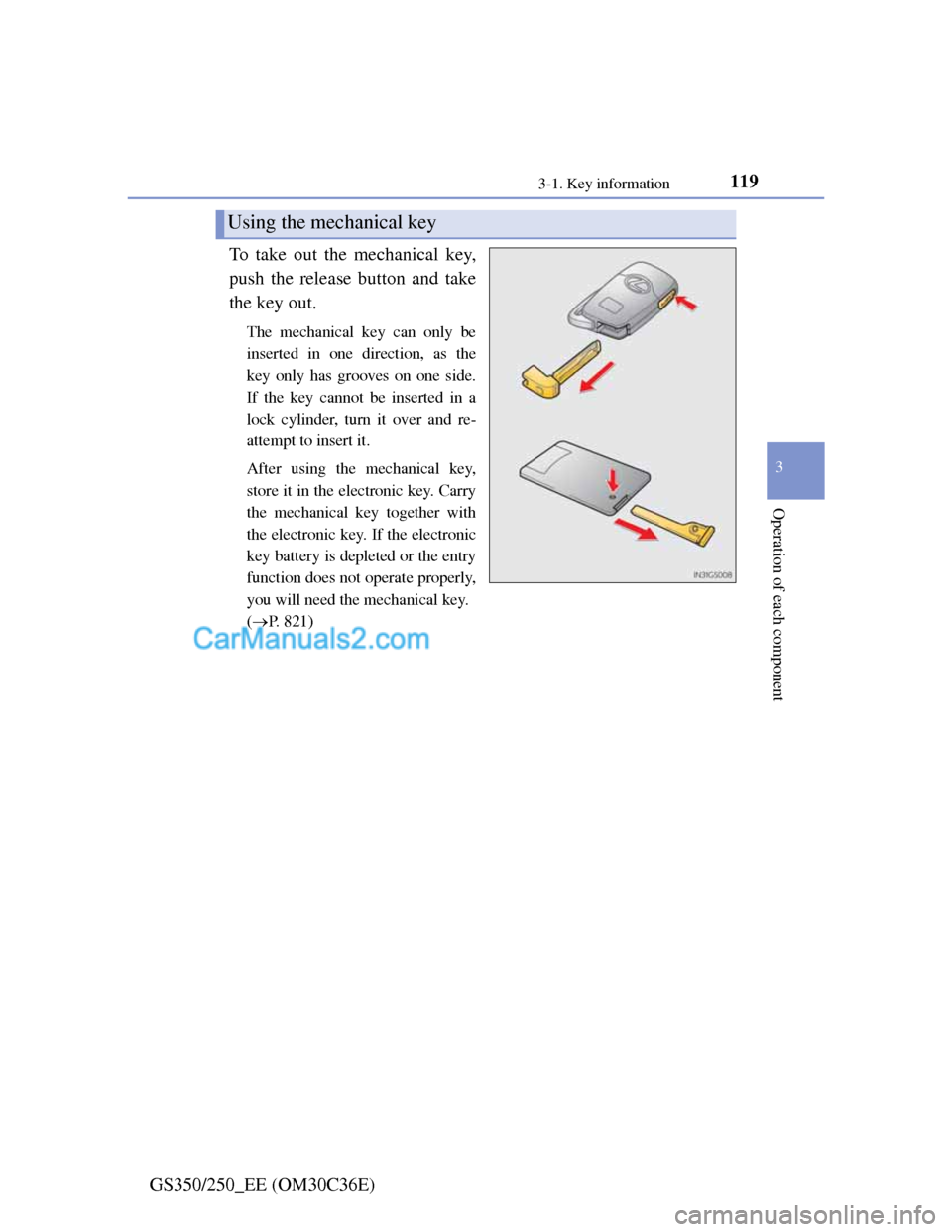 Lexus GS250 2012 Owners Manual 1193-1. Key information
3
Operation of each component
GS350/250_EE (OM30C36E)To take out the mechanical key,
push the release button and take
the key out.
The mechanical key can only be
inserted in on Lexus GS250 2012 Owners Manual 1193-1. Key information
3
Operation of each component
GS350/250_EE (OM30C36E)To take out the mechanical key,
push the release button and take
the key out.
The mechanical key can only be
inserted in on