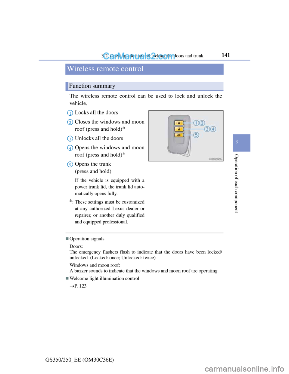 Lexus GS250 2012  Owners Manual 141
3 3-2. Opening, closing and locking the doors and trunk
Operation of each component
GS350/250_EE (OM30C36E)
Wireless remote control
The wireless remote control can be used to lock and unlock the
v