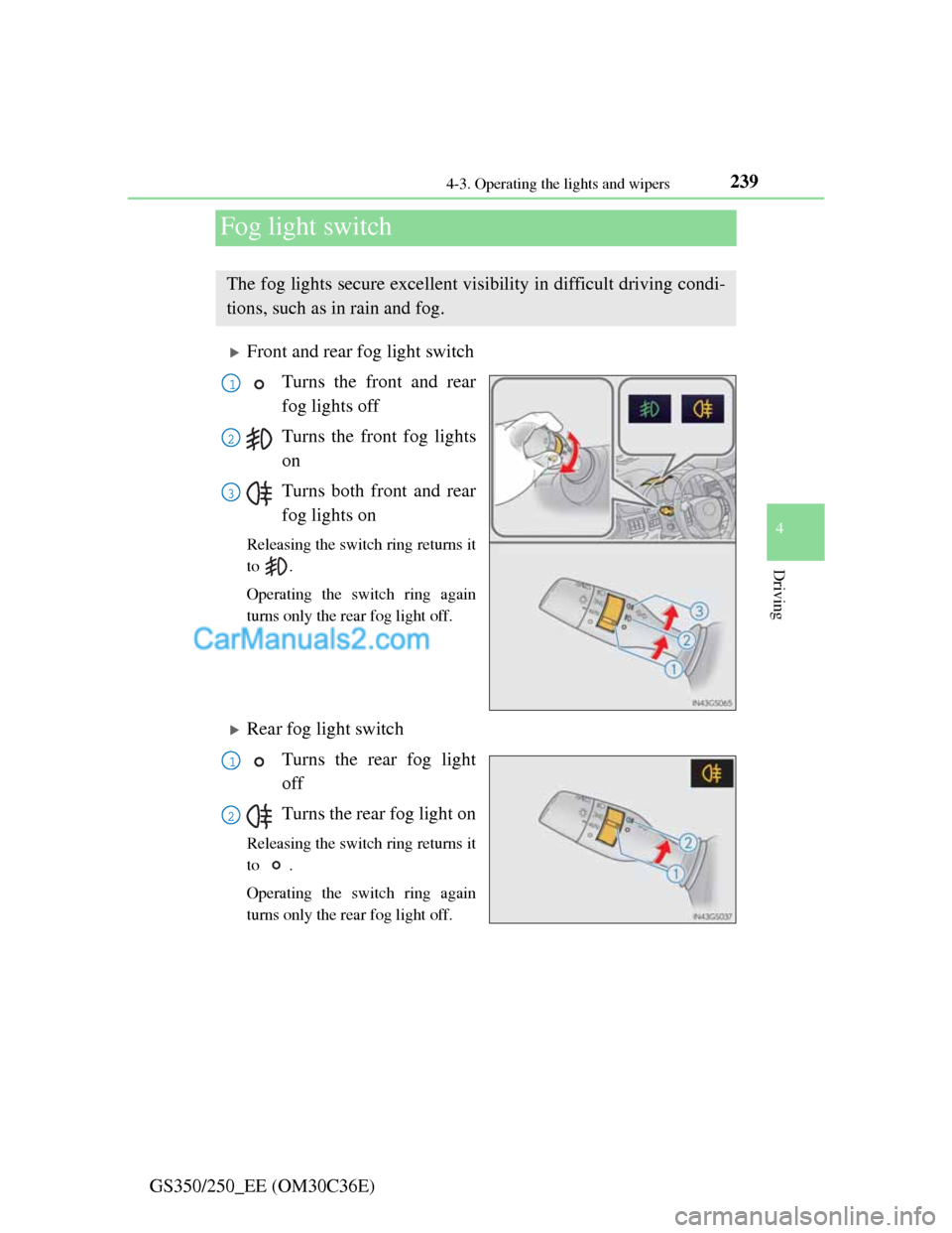 Lexus GS250 2012 Owners Manual 239
4 4-3. Operating the lights and wipers
Driving
GS350/250_EE (OM30C36E)
Fog light switch
Front and rear fog light switch
Turns the front and rear
fog lights off
Turns the front fog lights
on
Tur Lexus GS250 2012 Owners Manual 239
4 4-3. Operating the lights and wipers
Driving
GS350/250_EE (OM30C36E)
Fog light switch
Front and rear fog light switch
Turns the front and rear
fog lights off
Turns the front fog lights
on
Tur